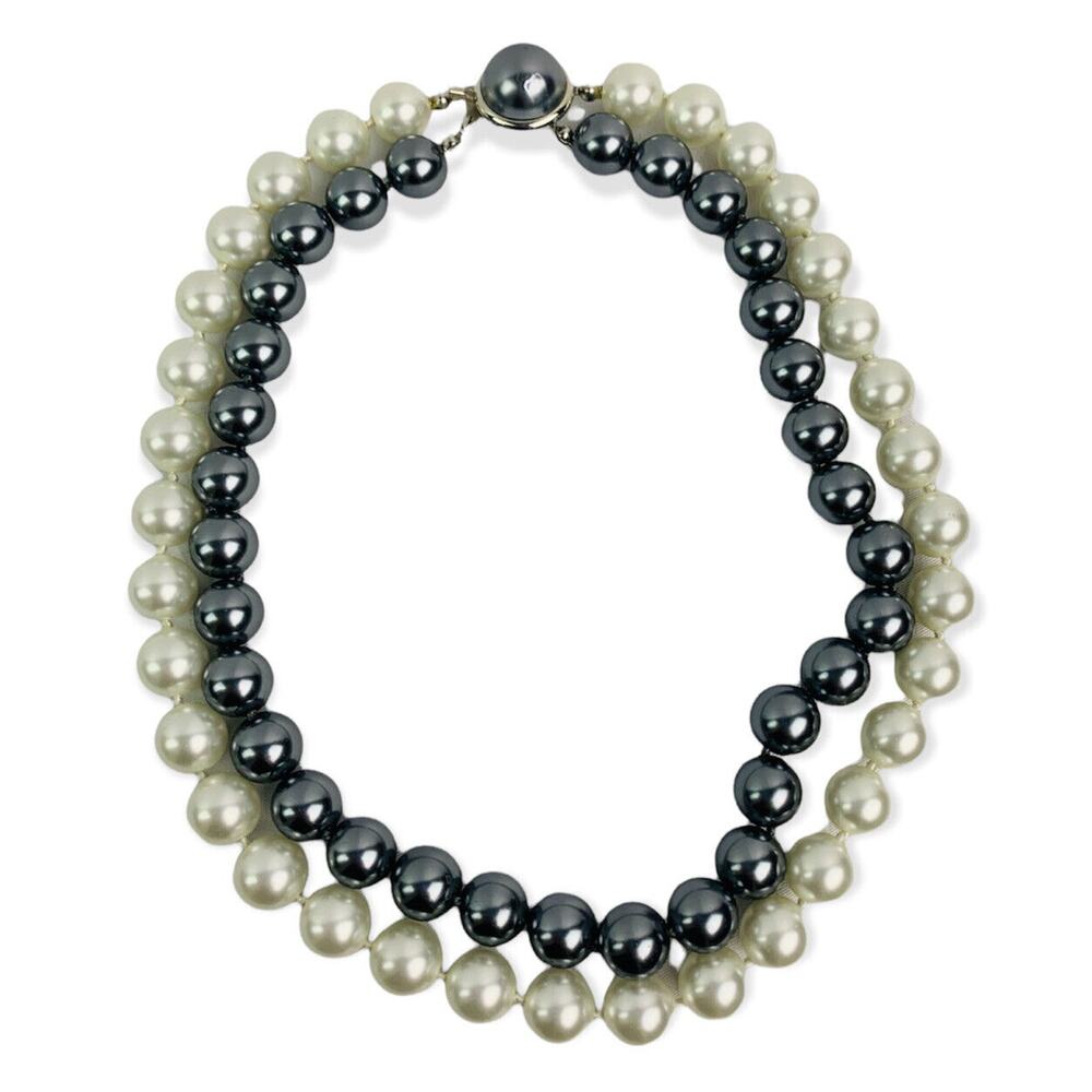 Vintage Dual Strand White and Pewter Chunky Necklace Decorative Clasp 17"